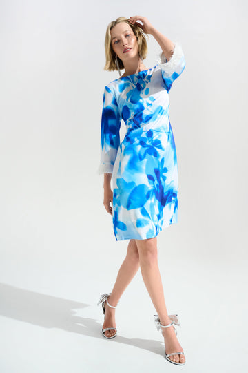 Joseph Ribkoff Signature | Recycled Satin Floral Print Shift Dress With Novelty Trim