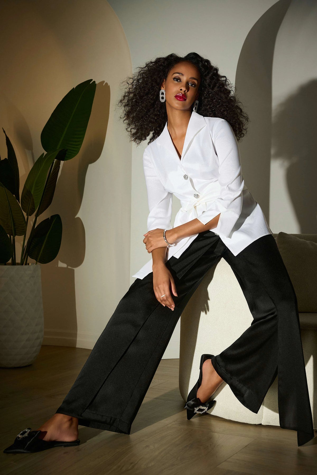 Joseph Ribkoff Signature | Satin Wide Leg Pants with Front Overlay