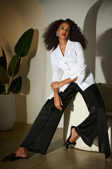 Joseph Ribkoff Signature | Satin Wide Leg Pants with Front Overlay
