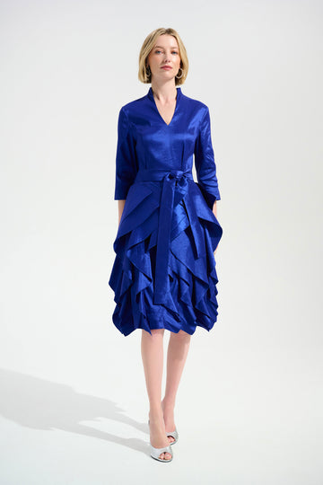 Joseph Ribkoff Signature | Stretch Taffeta Fit And Flare Dress With Cascading Ruffle Skirt