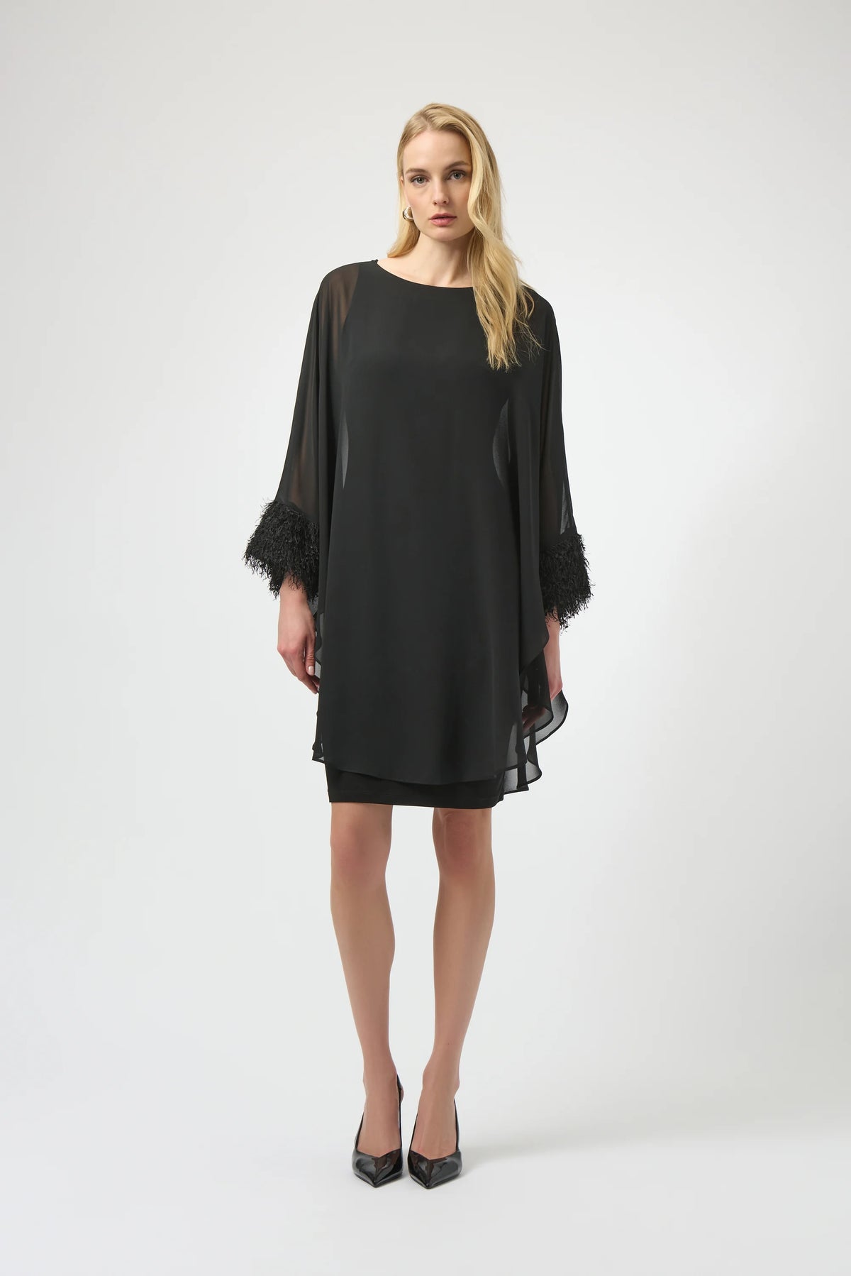 Joseph Ribkoff Silky Knit &amp; Chiffon Layered Dress with Fringe Detail