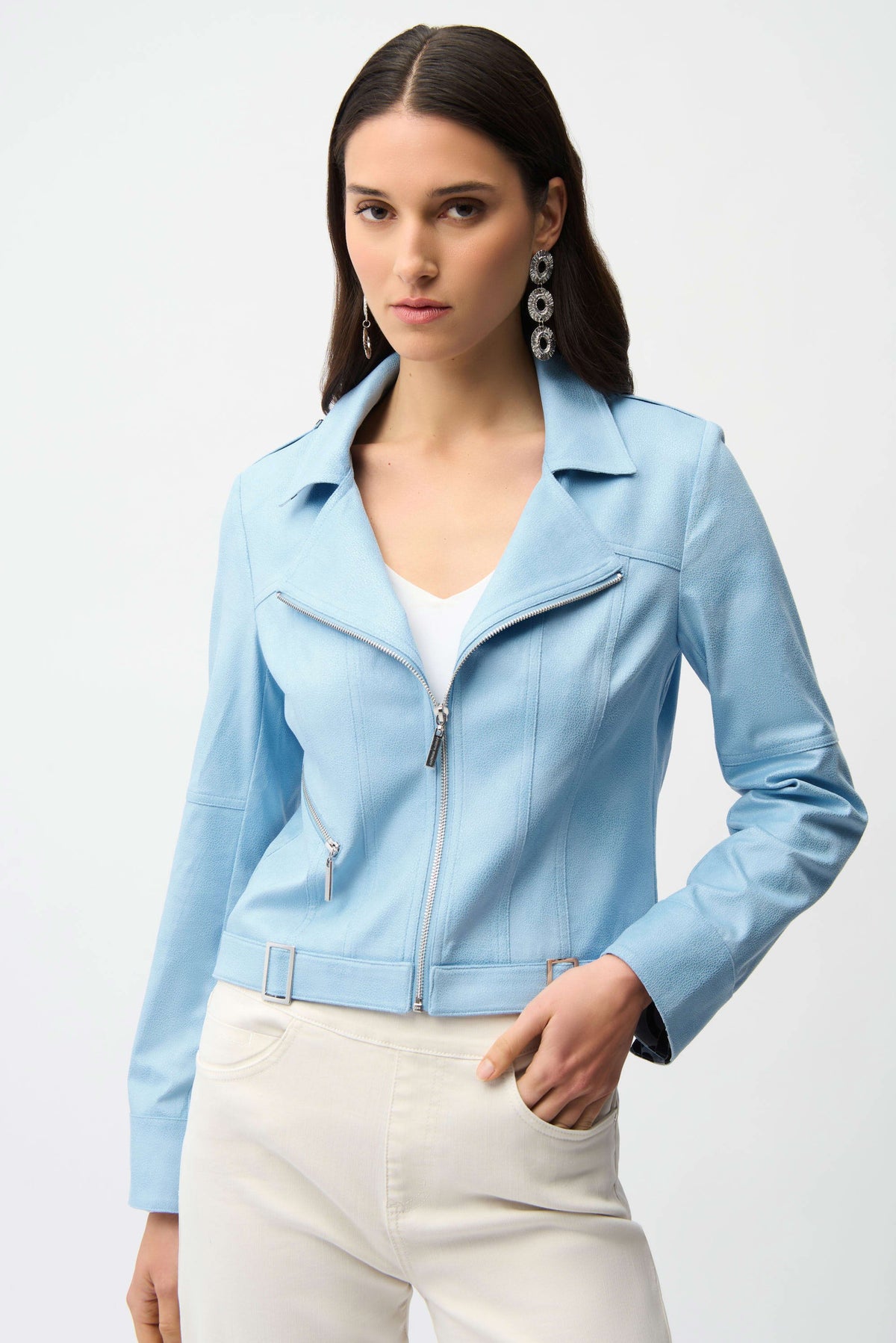 Joseph Ribkoff Sky Blue Foiled Faux Suede Fitted Jacket with Decorative Buckles