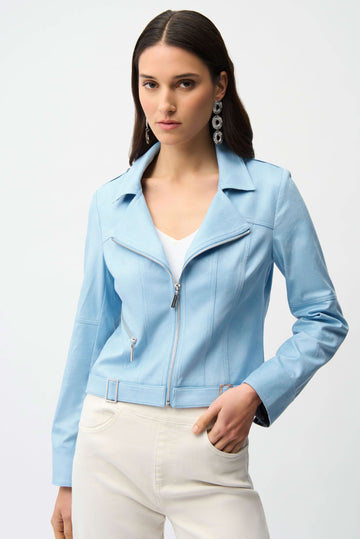 Joseph Ribkoff Sky Blue Foiled Faux Suede Fitted Jacket with Decorative Buckles
