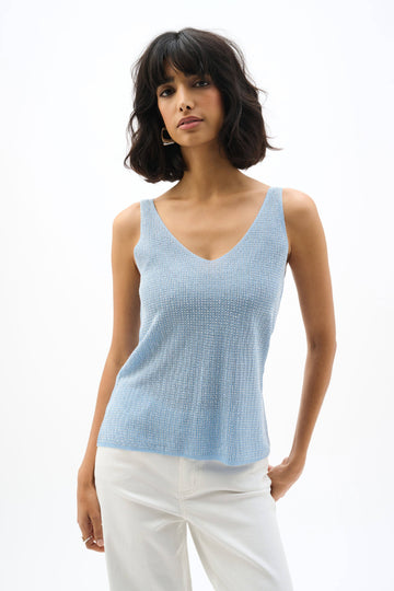 Joseph Ribkoff Sky Blue Metallic Knitted Camisole with Rhinestones