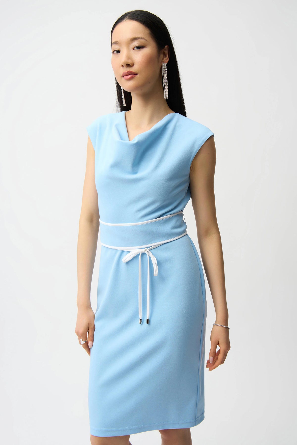 Joseph Ribkoff Sky/Blue Scuba Crepe Sheath Dress With Cowl Neck and Belted Waist
