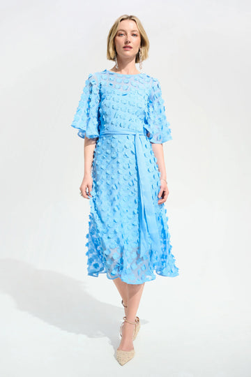 Joseph Ribkoff Sky Blue Signature | 3D Embroidered Chiffon Fit And Flare Dress With Sash Belt