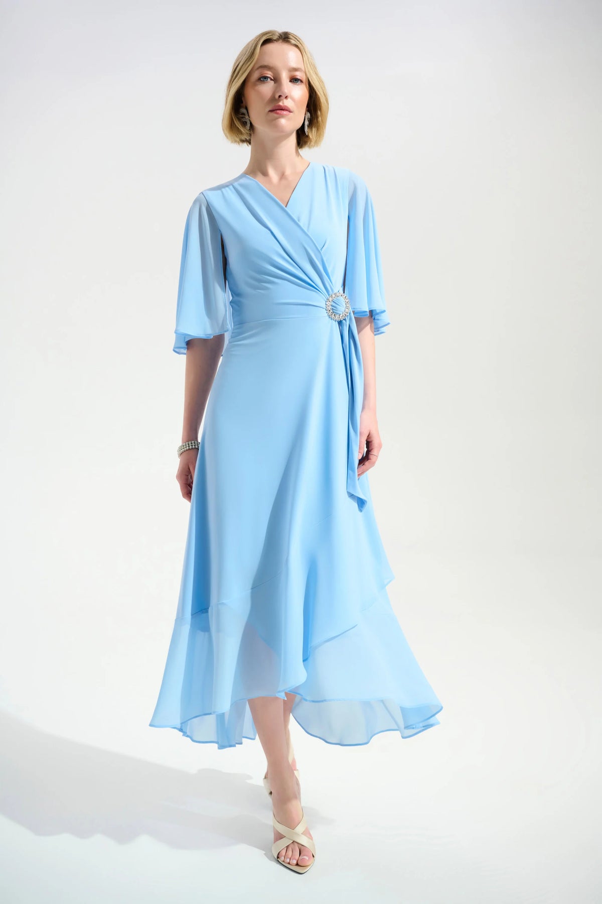 Joseph Ribkoff Sky Blue Signature | Silky Knit Flowy Wrap Dress With Buckle Rhinestones Detail
