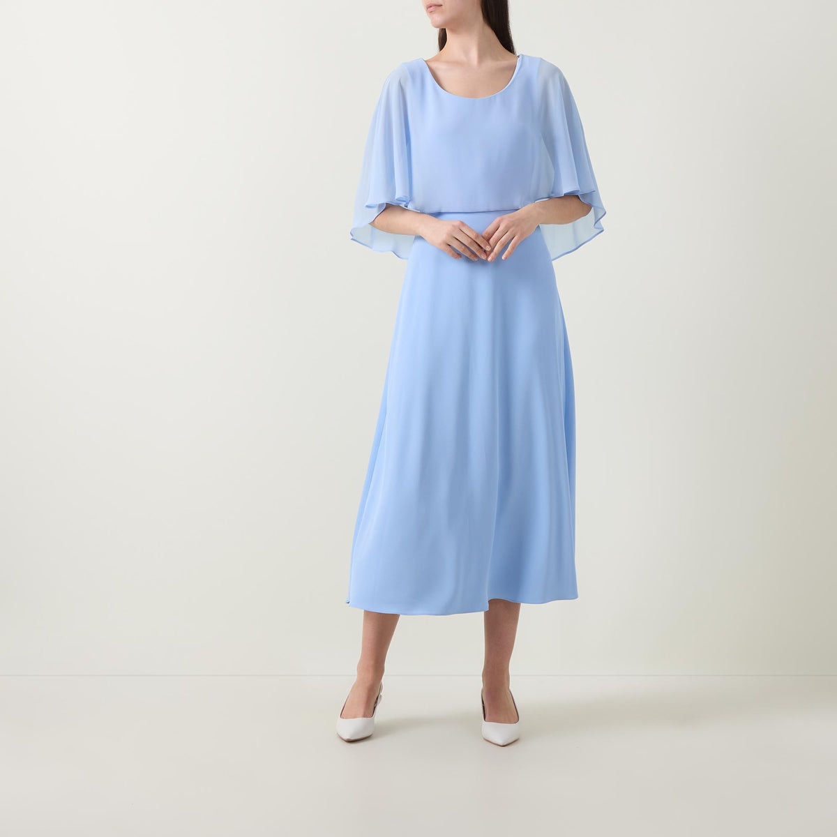 Joseph Ribkoff Sky Blue Signature | Woven Twill A-Line Dress With Chiffon Overlay