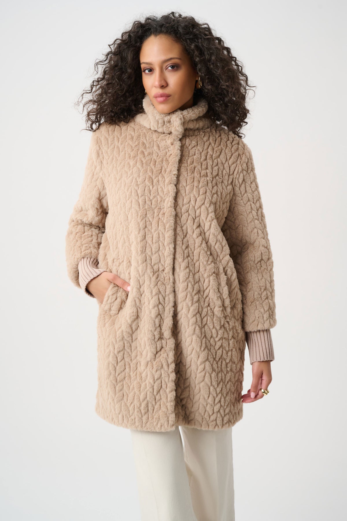 Joseph Ribkoff Soft Taupe Textured Faux Fur Mock-Neck Coat