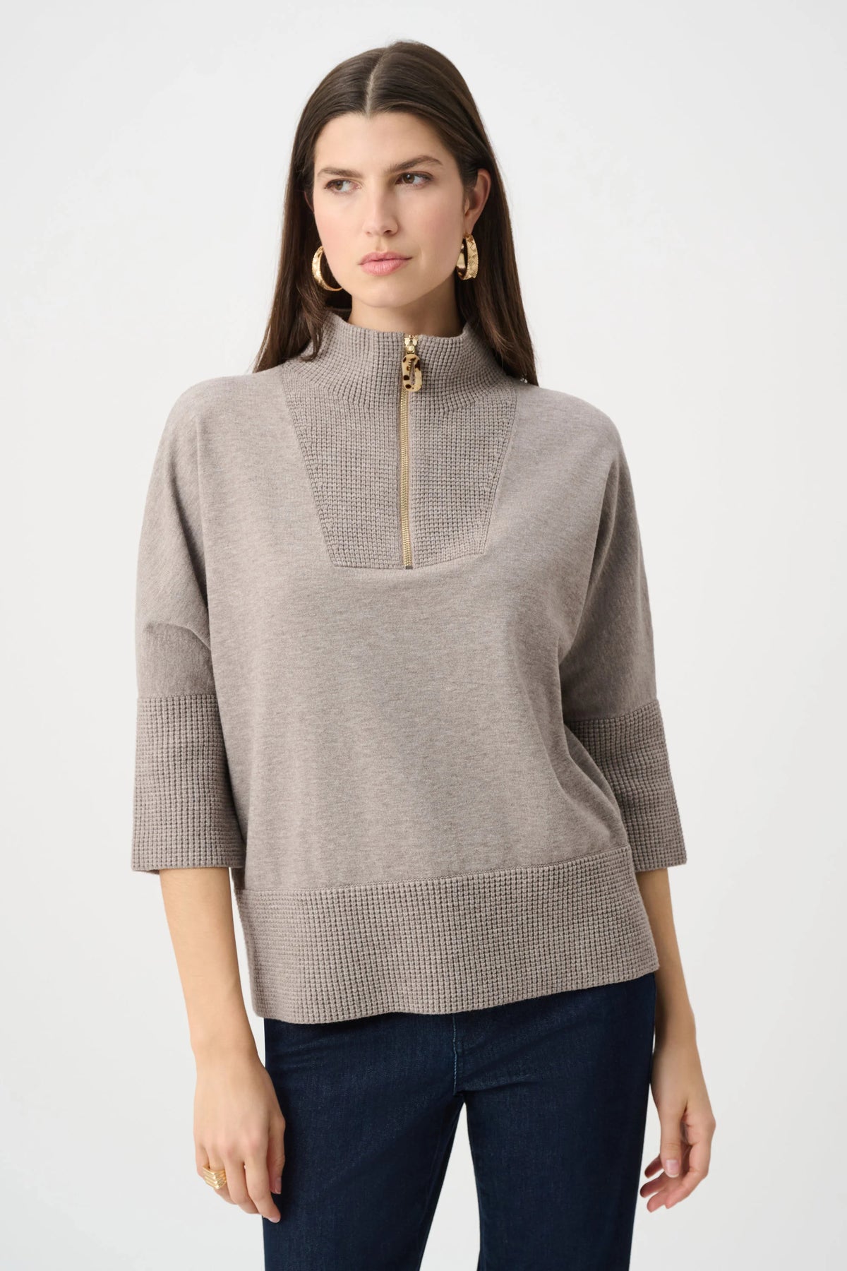 Joseph Ribkoff Taupe Melange Brushed Viscose And Nylon Funnel-Neck Sweater