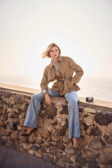 Joseph Ribkoff Tigers Eye Cotton Twill Short Trench with Belt and Rhinestones Detail