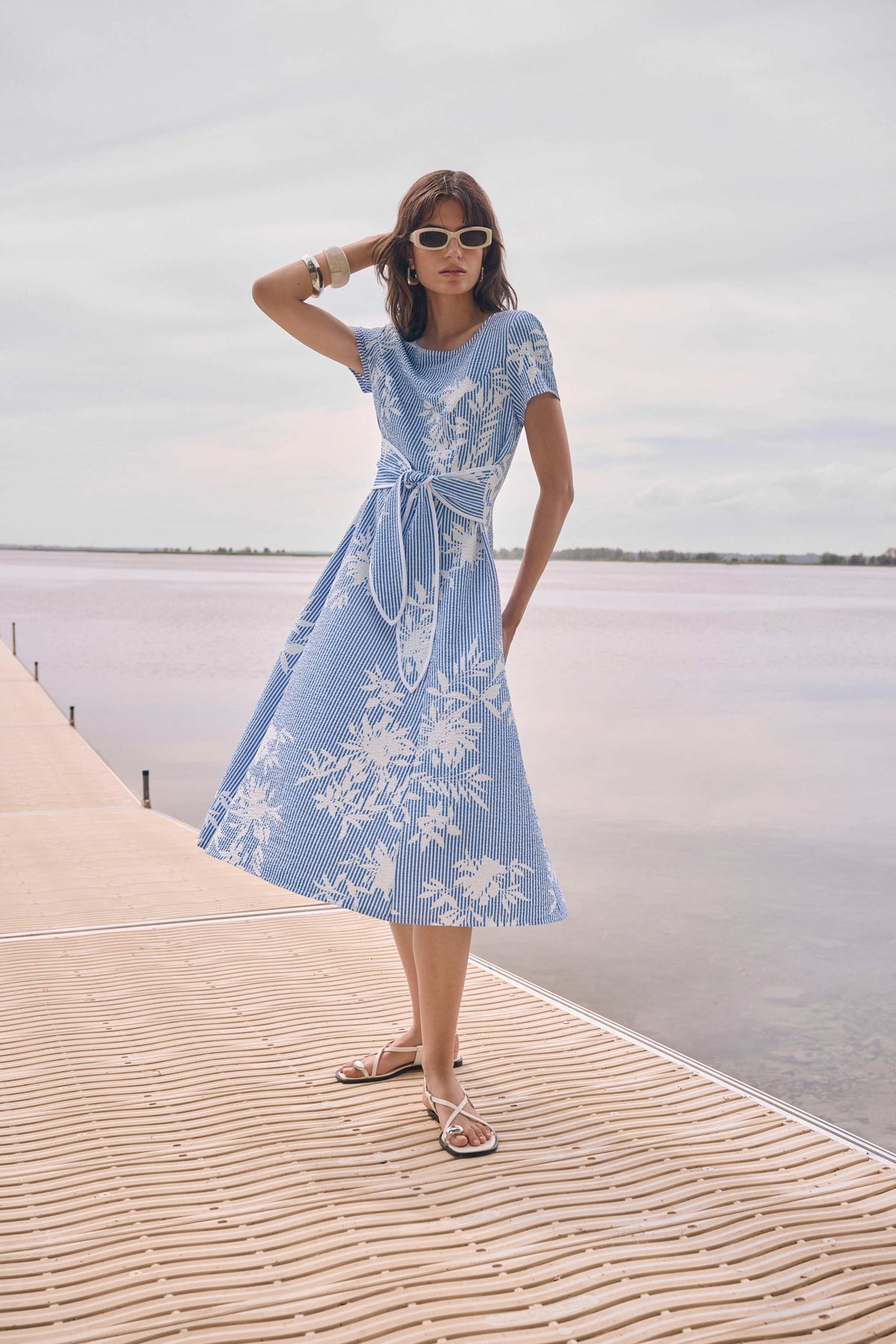 Joseph Ribkoff Vanilla/Blue Woven Seersucker Floral Print Fit And Flare Dress
