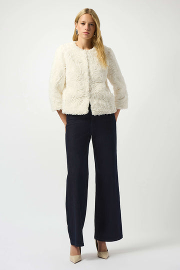 Joseph Ribkoff Vanilla Embroidered Faux Fur Collarless Jacket