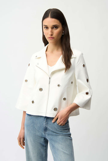 Joseph Ribkoff Vanilla Foiled Faux Suede Swing Jacket With Grommets