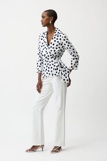 Joseph Ribkoff Vanilla/Midnight Blue Stretch Cotton Dot Print Wrap Top With Sash