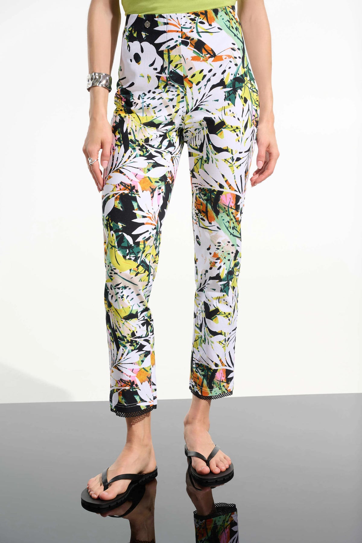 Joseph Ribkoff Vanilla/Multi Millennium Tropical Print Pull-On Pants With Mesh Detail