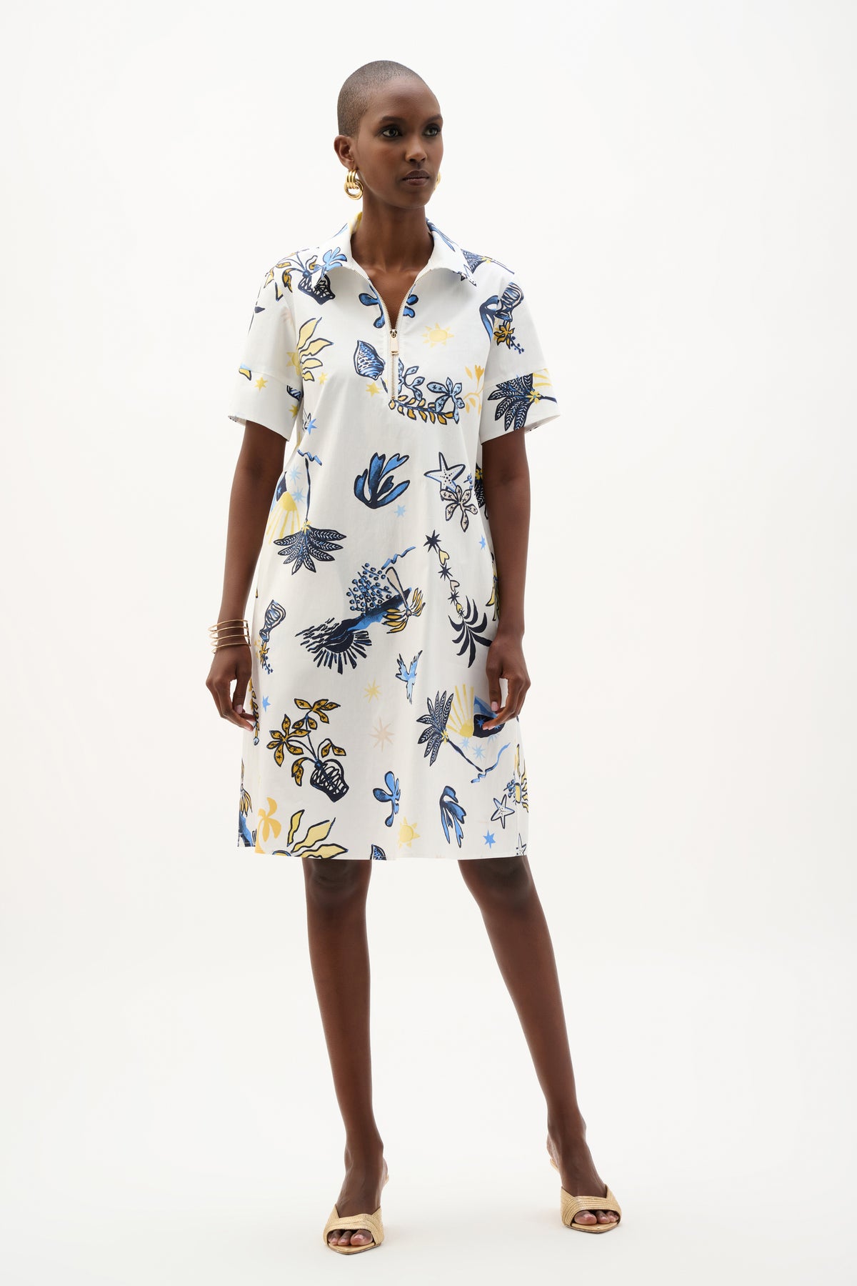 Joseph Ribkoff Vanilla/Multi Stretch Cotton Tropical Print A-Line Dress