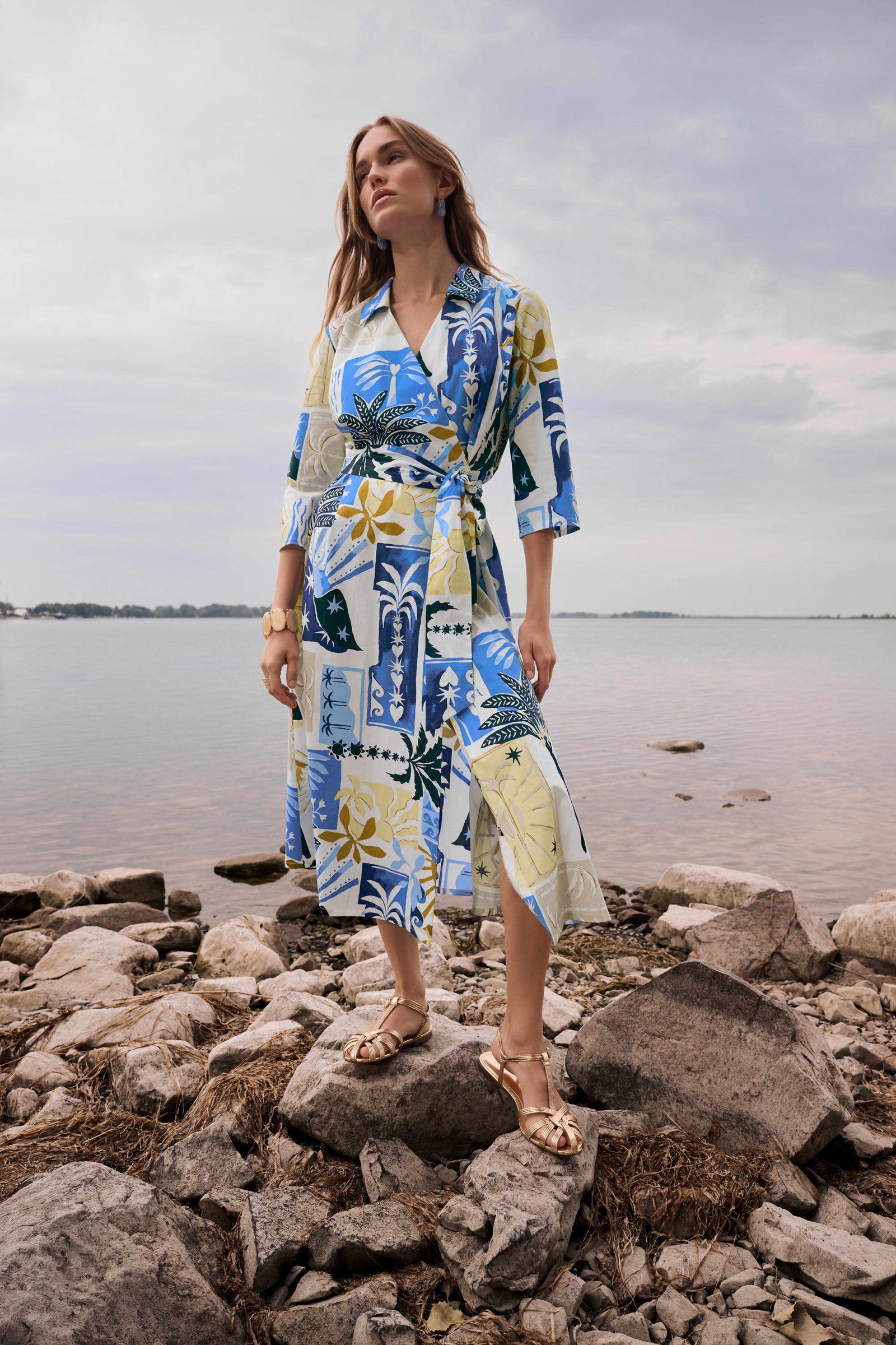 Joseph Ribkoff Vanilla/Multi Stretch Cotton Tropical Print A-Line Wrap Dress