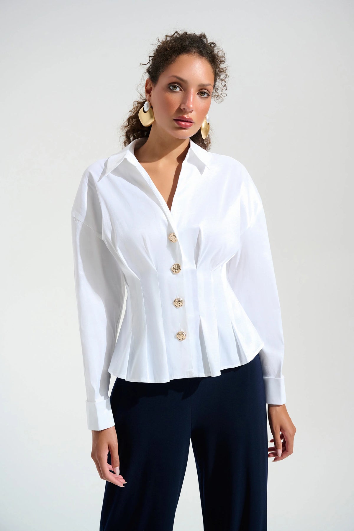 Joseph Ribkoff Vanilla Signature | Stretch Taffeta Fit And Flare Blouse With Chain Link Button Cuffs