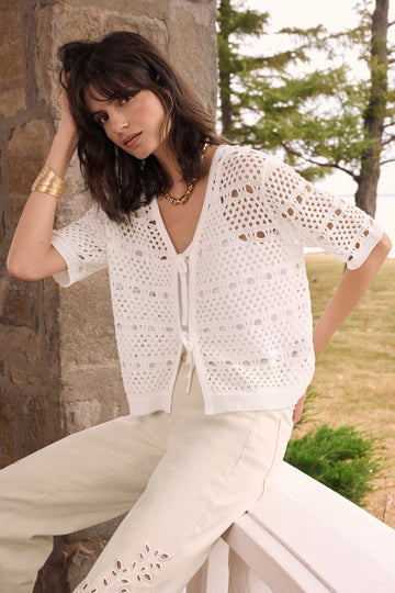 Joseph Ribkoff Vanilla Viscose Sweater Knit Open-Stitch Cardigan