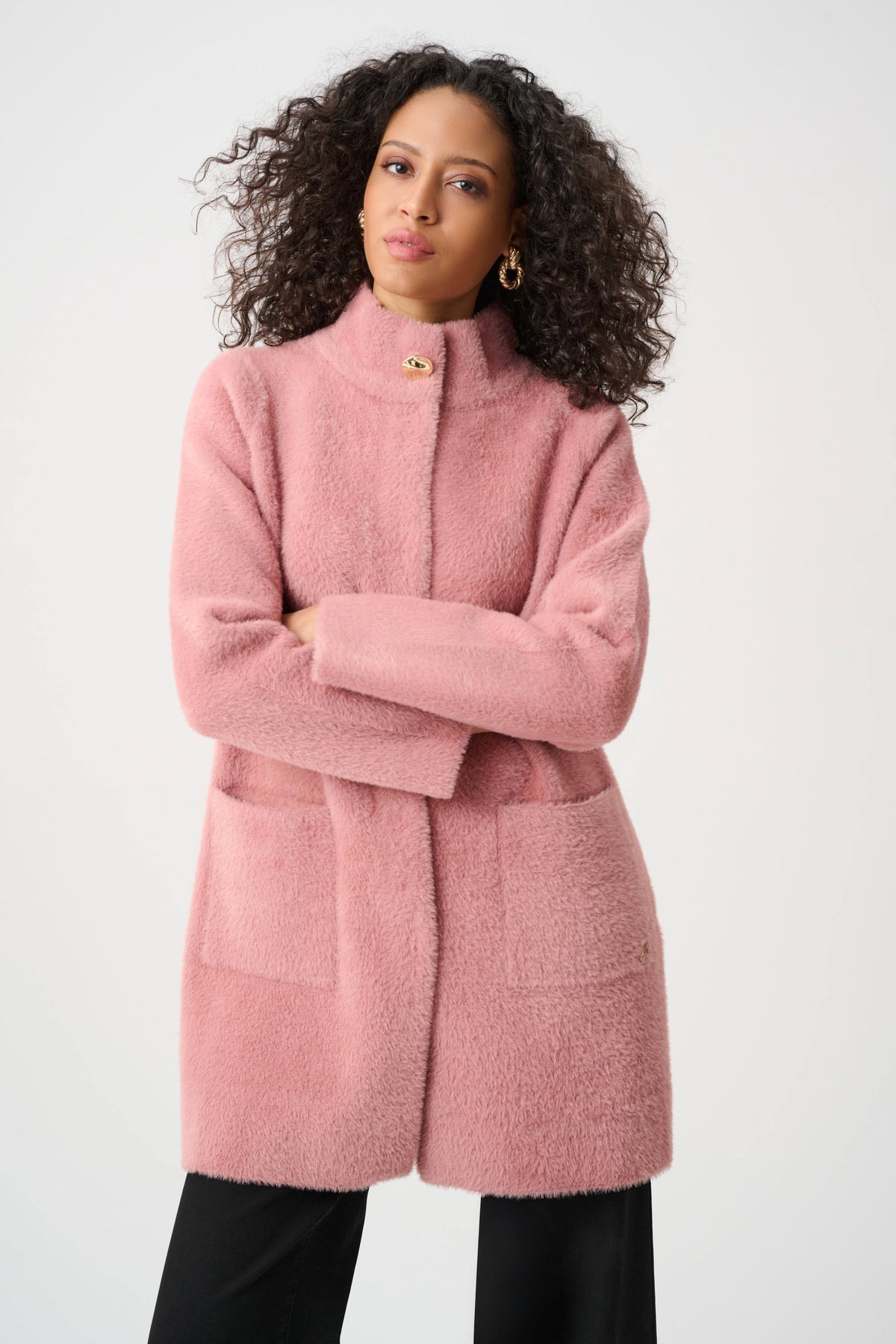 Joseph Ribkoff Vintage Rose Feather Yarn Mock-Neck Coat