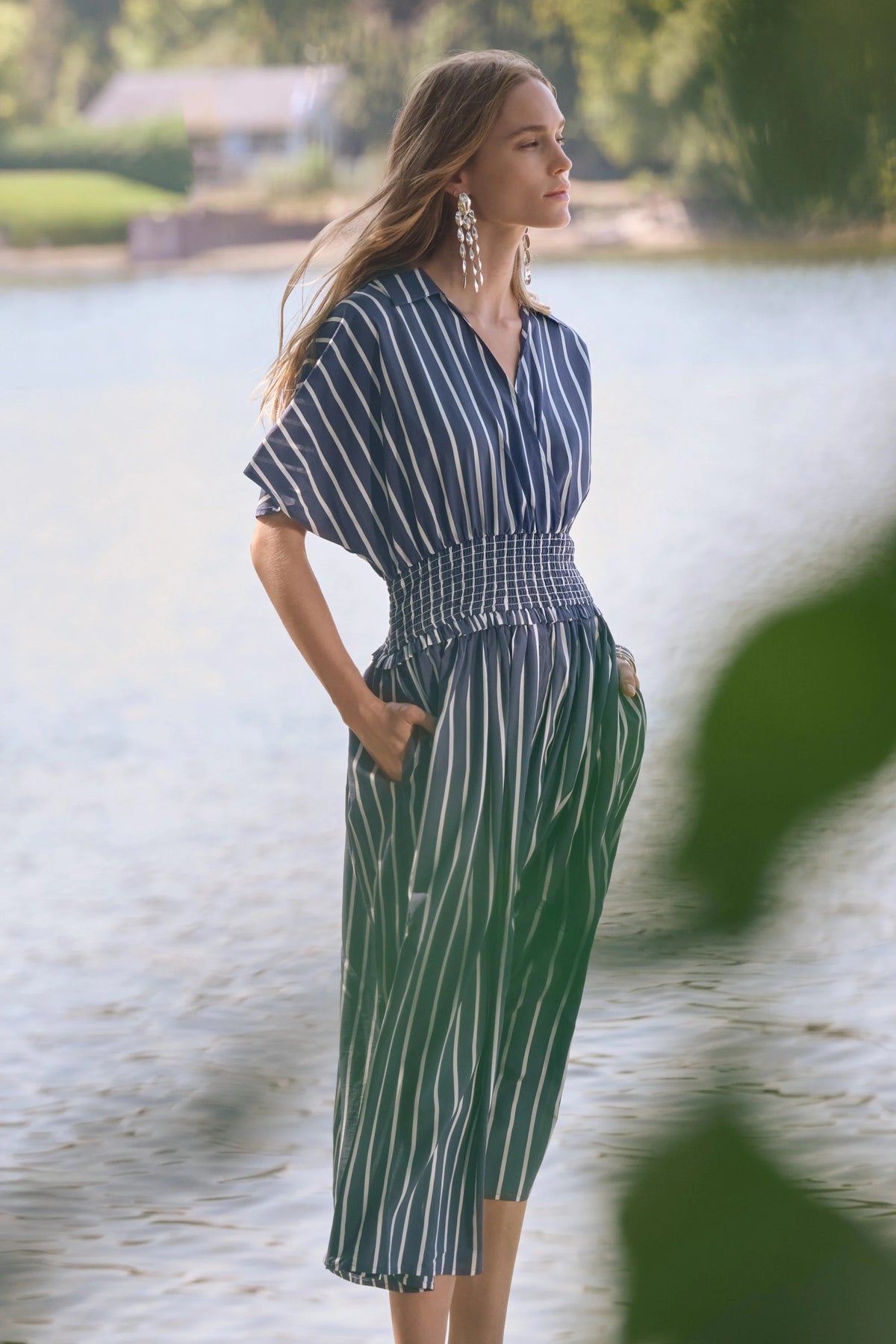 Joseph Ribkoff White/Blue Flowy Poplin Stripe Print Fit And Flare Dress