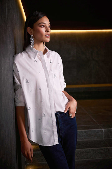 Joseph Ribkoff White Stretch Poplin Boxy Blouse with Rhinestones