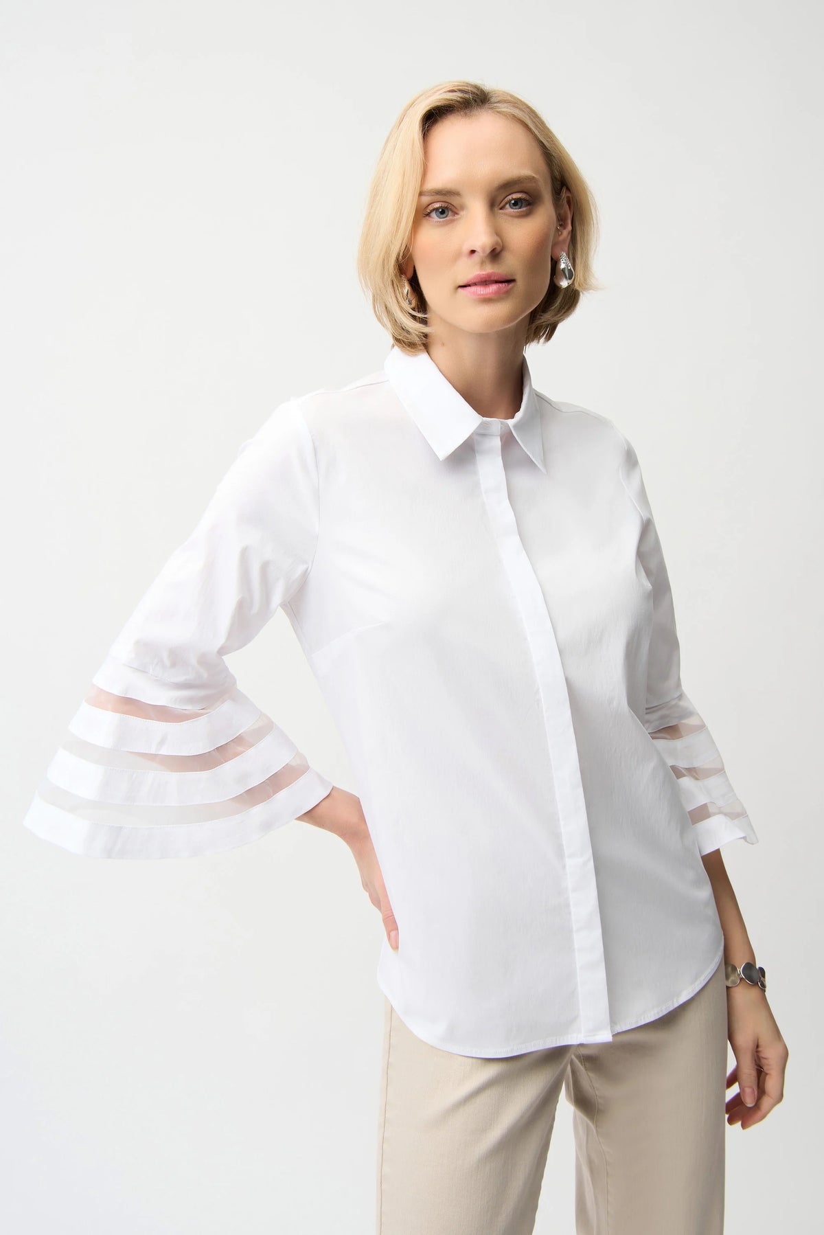 Joseph Ribkoff White Stretch Poplin Straight Blouse with Organza Bell Sleeves