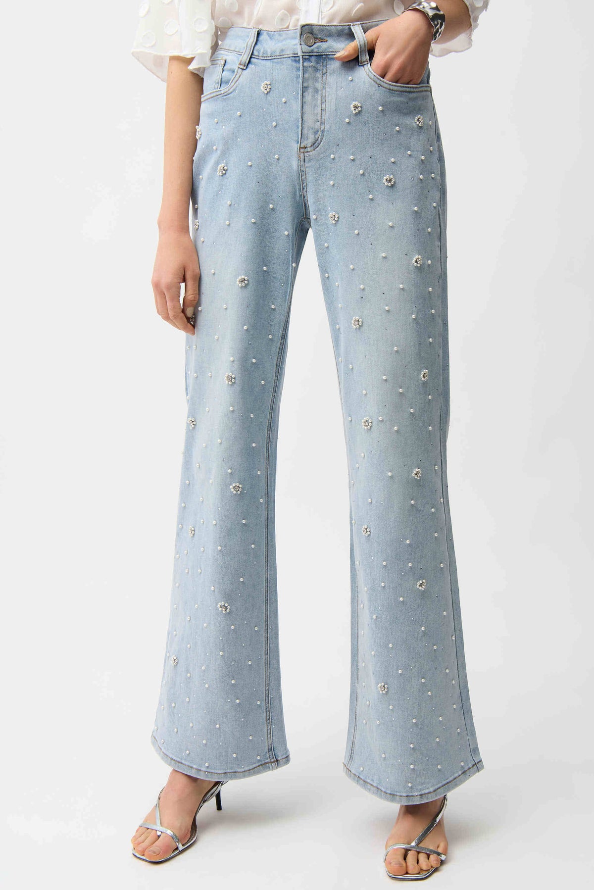 Joseph Ribkoff Wide Leg Jeans With Pearl and Rhinestones