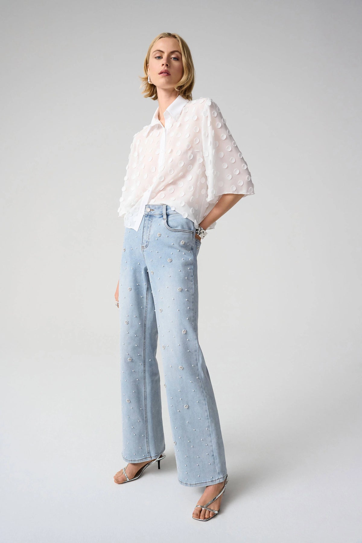 Joseph Ribkoff Wide Leg Jeans With Pearl and Rhinestones