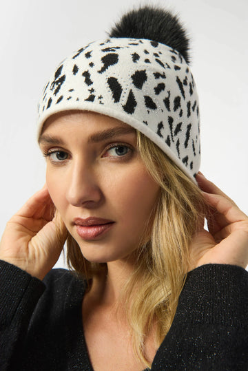 Joseph Ribkoff Winter Black/White Knitted Animal Print Pompom Hat