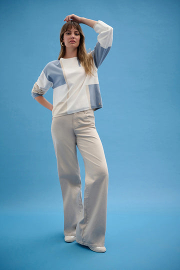 Joseph Ribkoff Winter White/Chambray Brushed Viscose Yarn Color Block Sweater