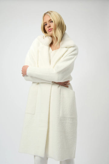 Joseph Ribkoff Winter White Feather Yarn and Faux Fur Sweater Coat