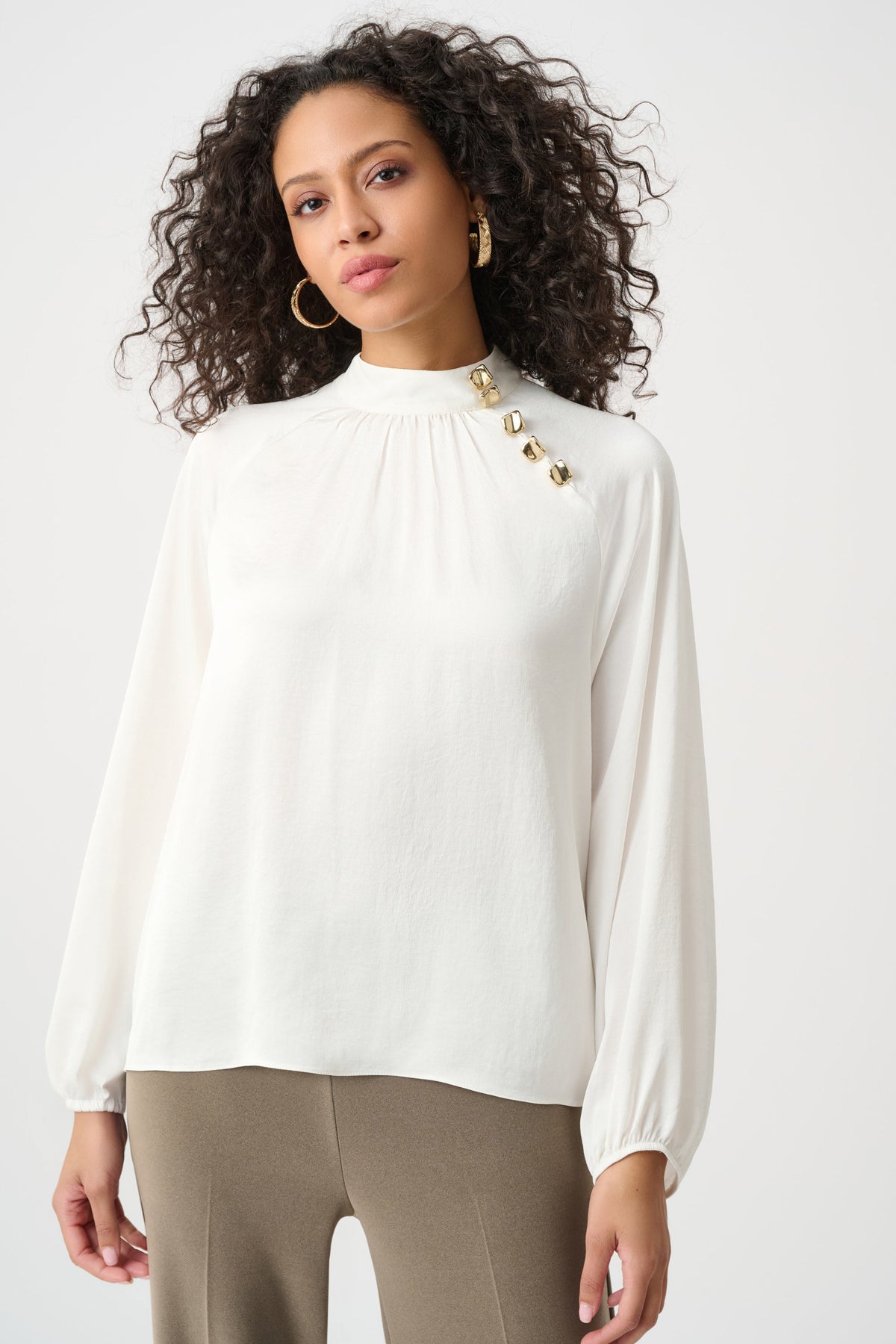 Joseph Ribkoff Winter White Recycled Satin Stand-Collar Top