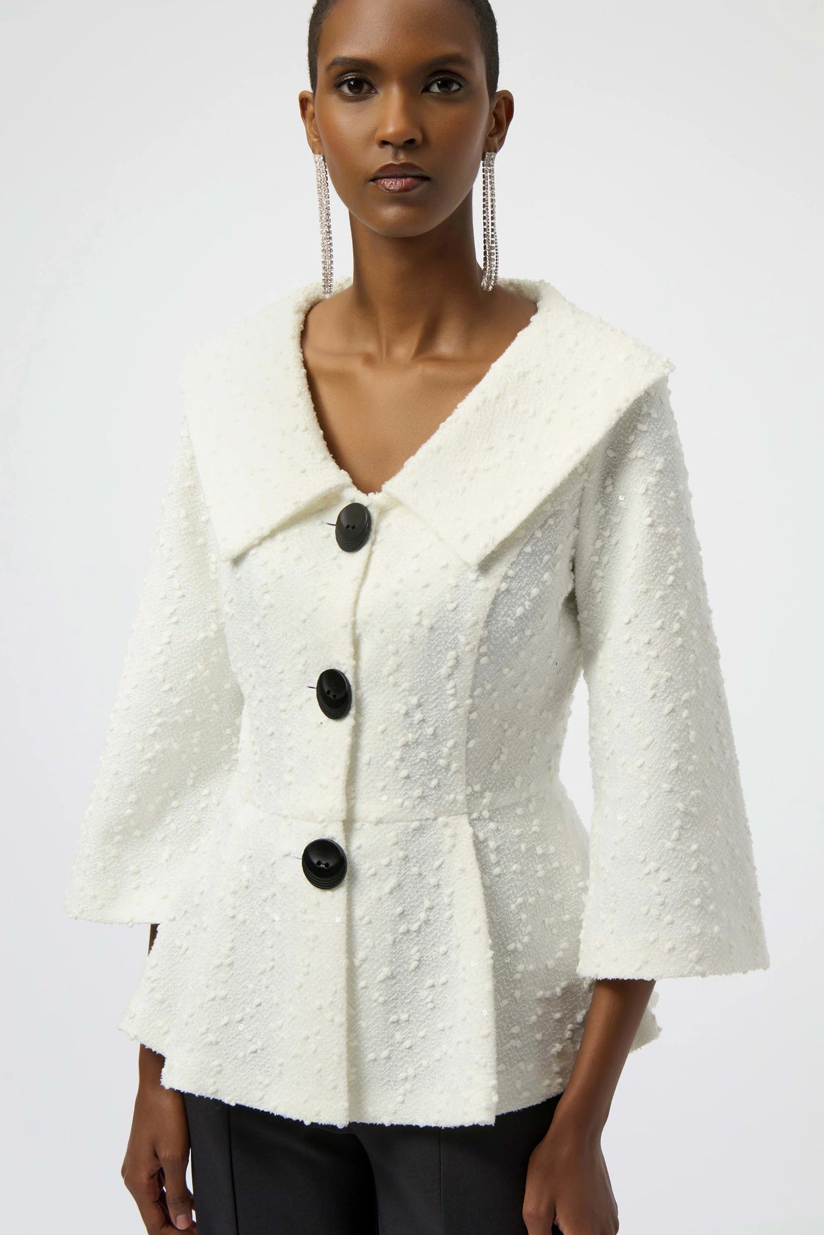 Joseph Ribkoff Winter White Sequined Bouclé Knit Peplum Jacket