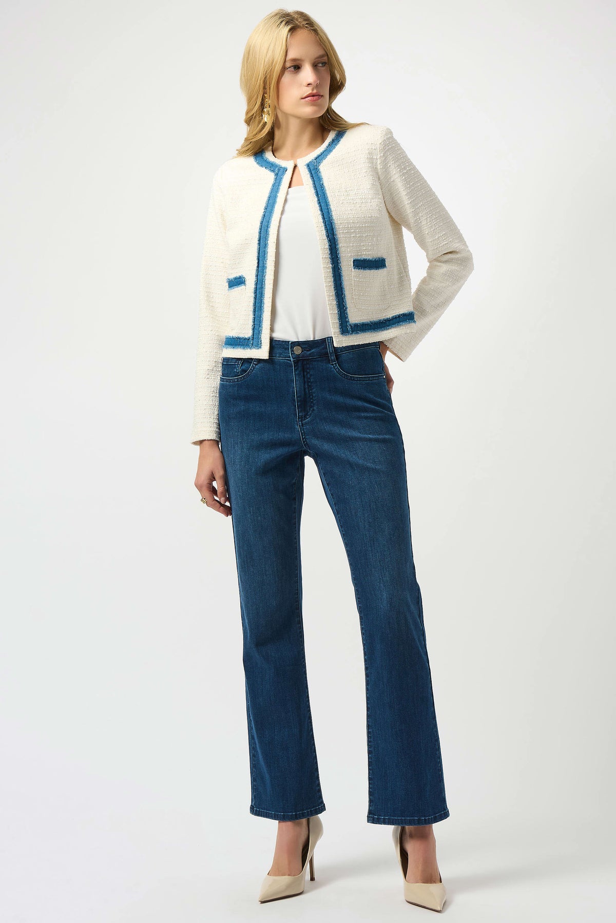 Joseph Ribkoff Woven Bouclé Straight Jacket With Denim Trim