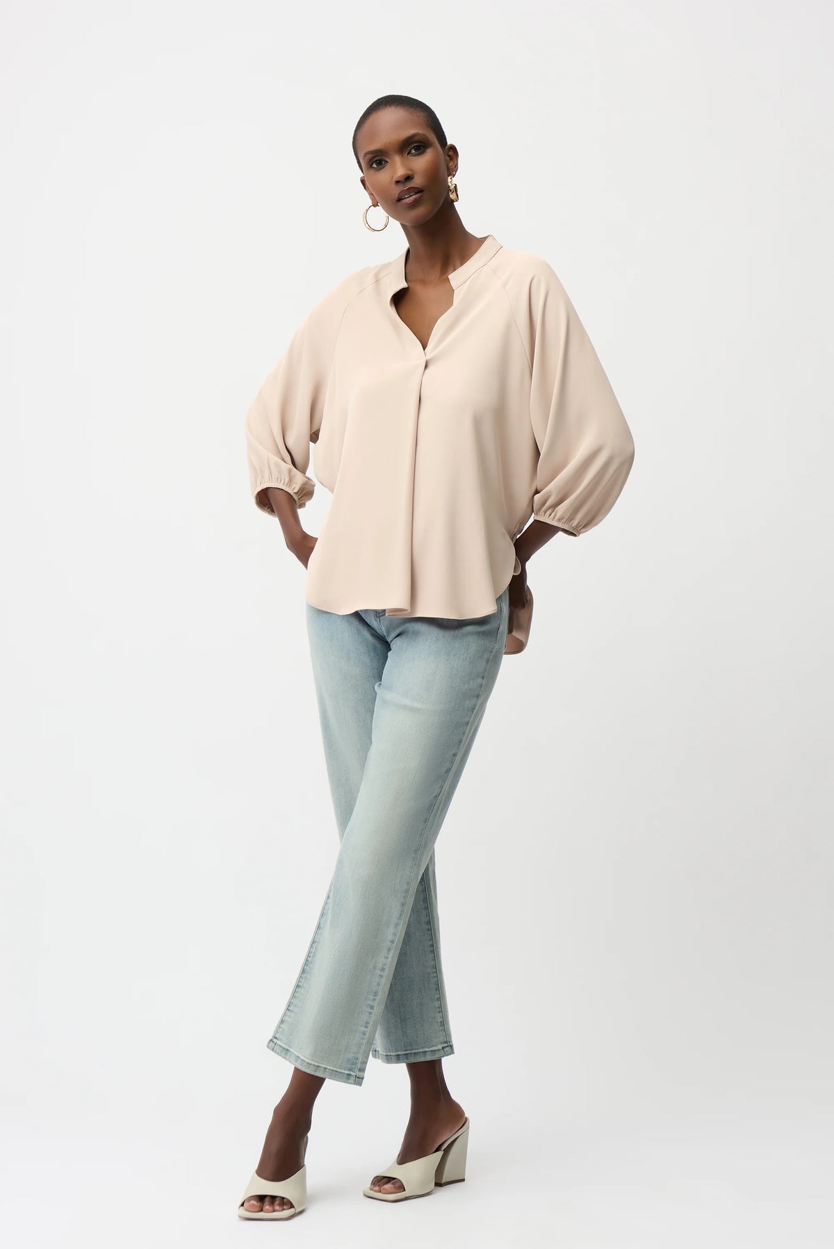 Joseph Ribkoff Woven Twill Boxy Top With Mandarin Collar