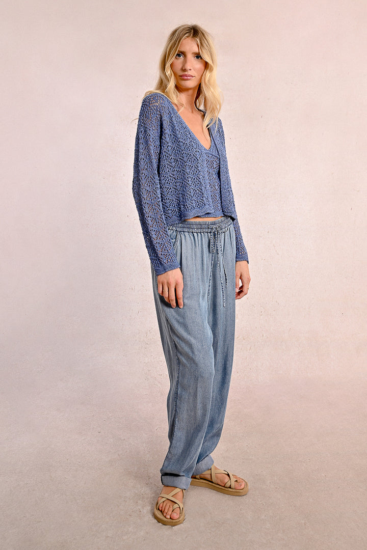 Molly Bracken Openwork Denim Blue Knitted Cardigan