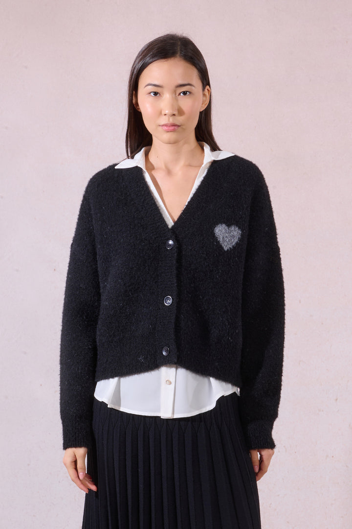 Molly Bracken Black Knitted Cardigan With Heart Print