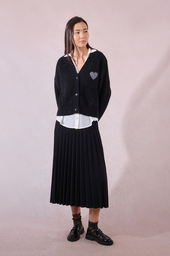 Molly Bracken Black Knitted Cardigan With Heart Print
