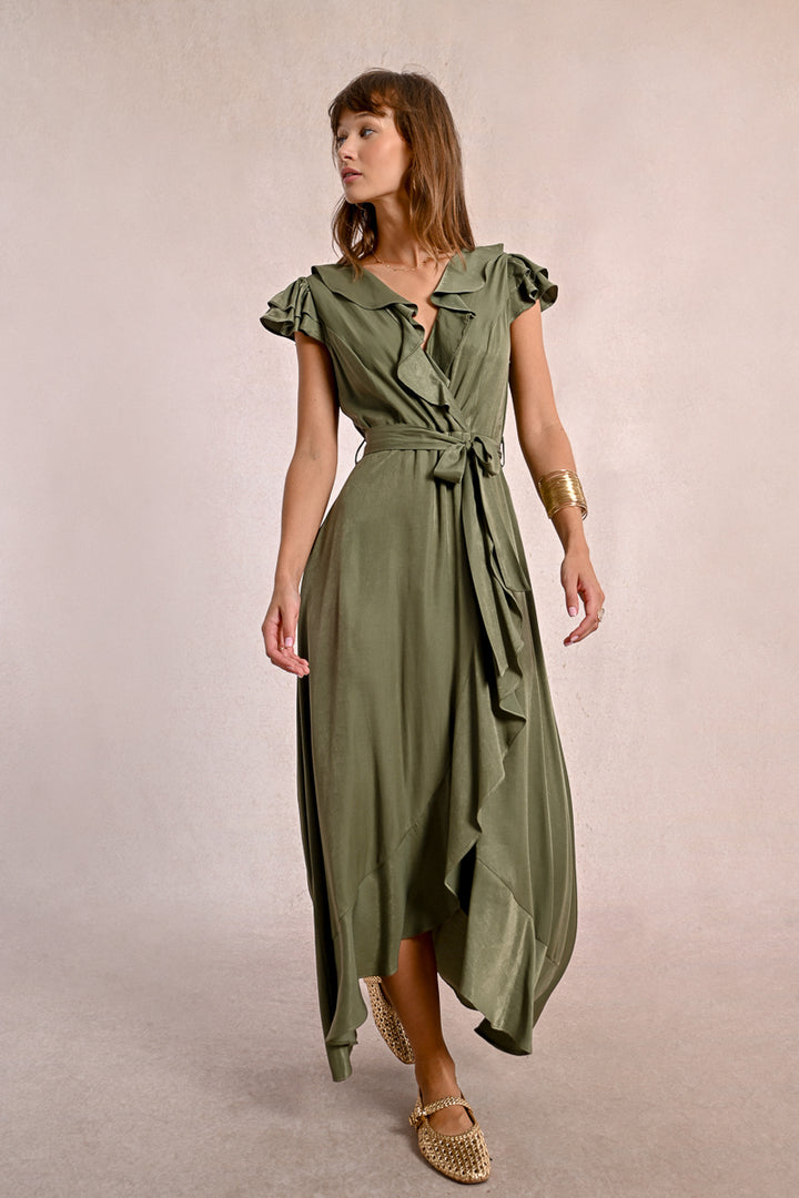 Molly Bracken V Neck Wrap Ruffle Khaki Dress