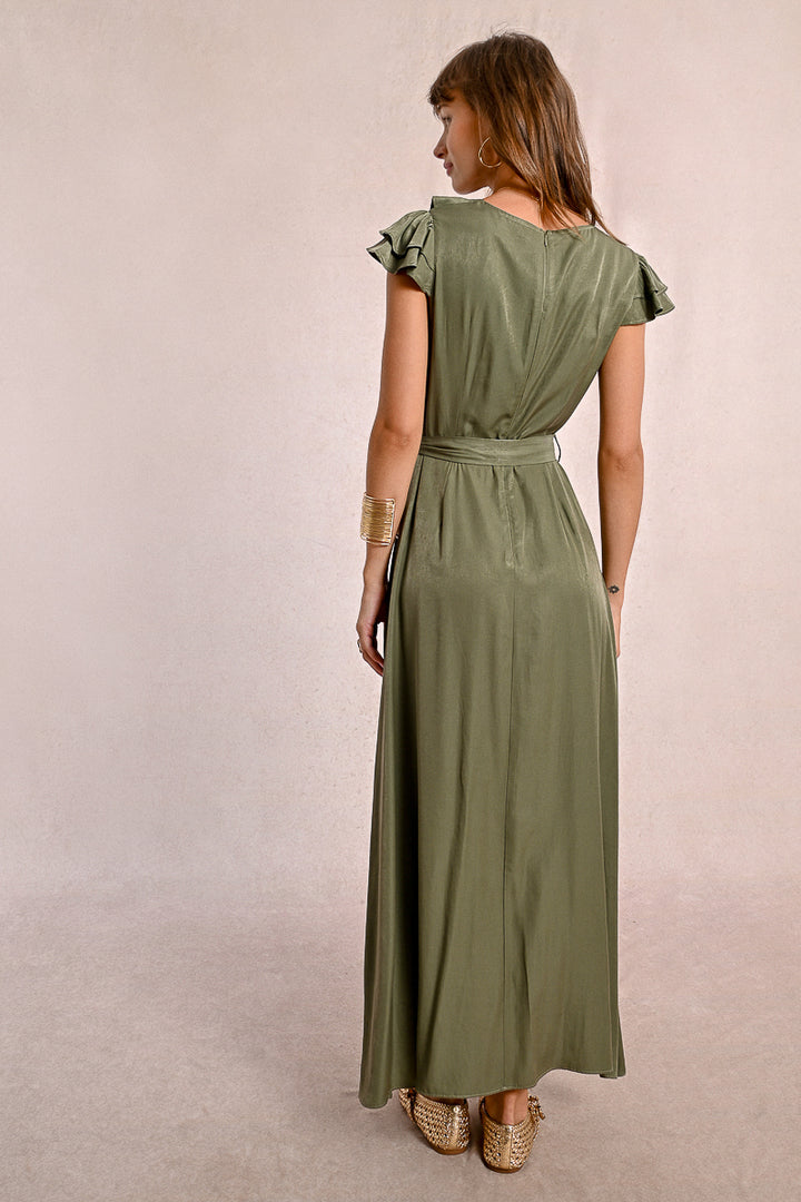 Molly Bracken V Neck Wrap Ruffle Khaki Dress