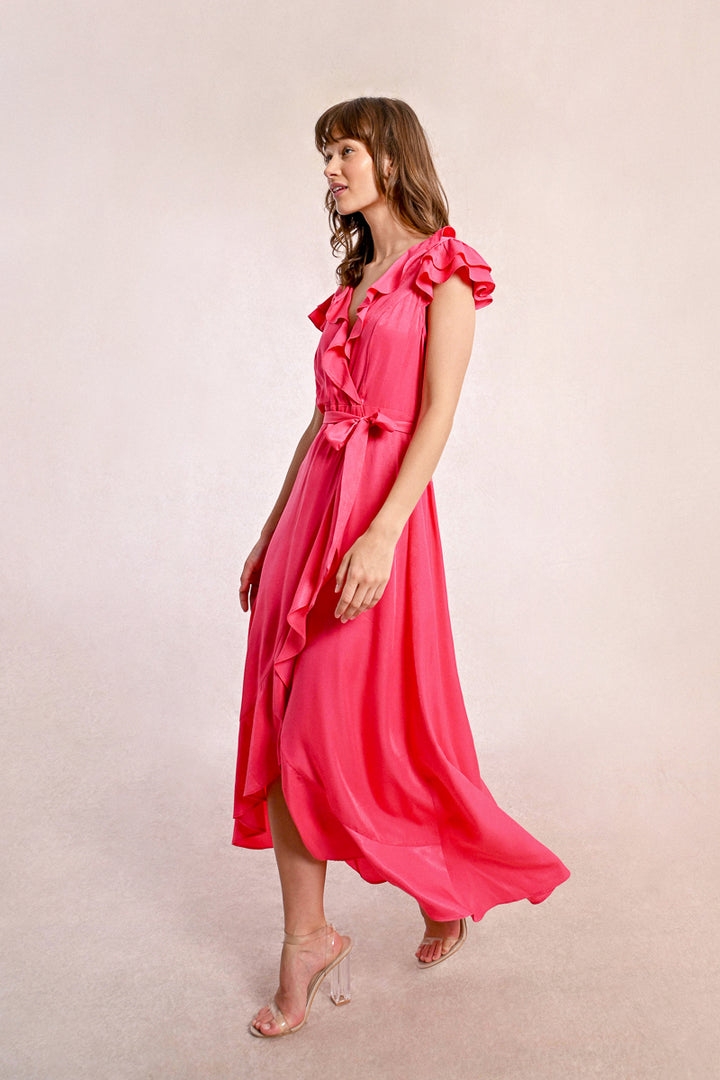 Molly Bracken Rose Pink V Neck Ruffle Dress