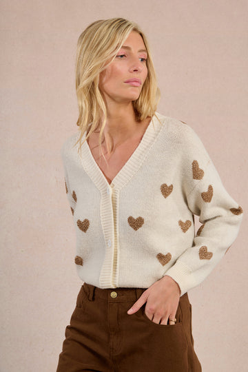 Molly Bracken Off White Knitted Cardigan With Heart Pattern