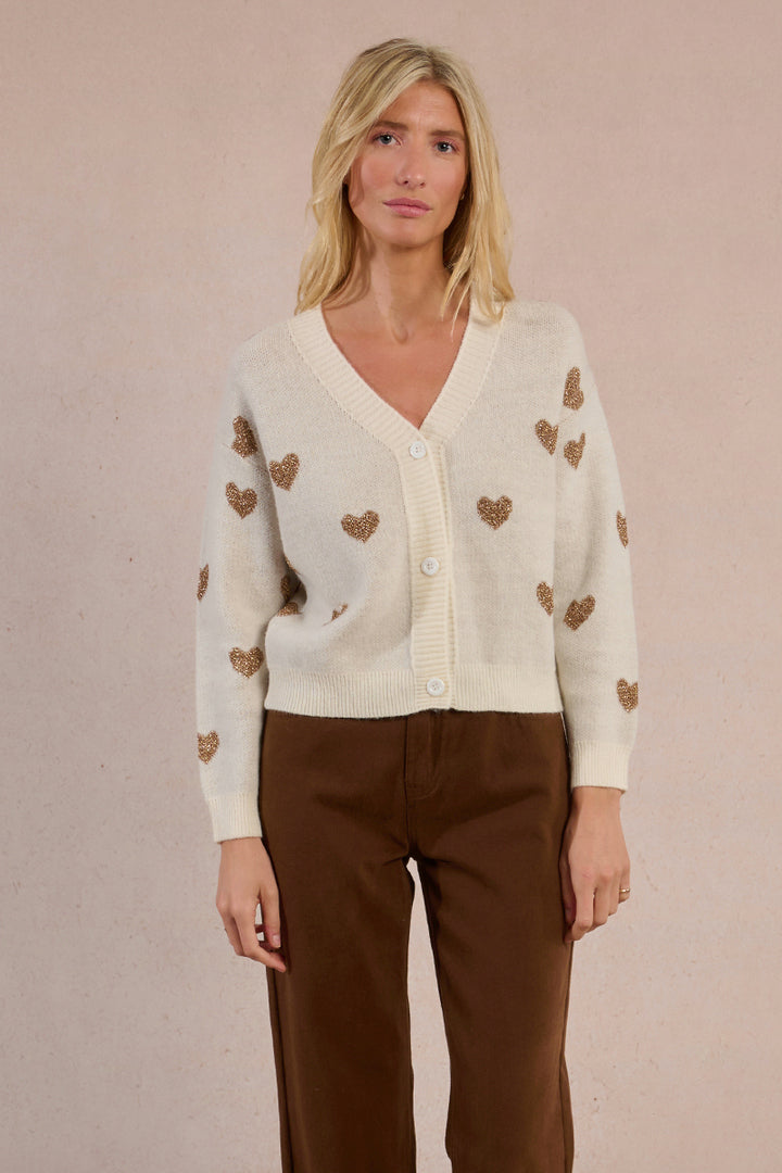 Molly Bracken Off White Knitted Cardigan With Heart Pattern