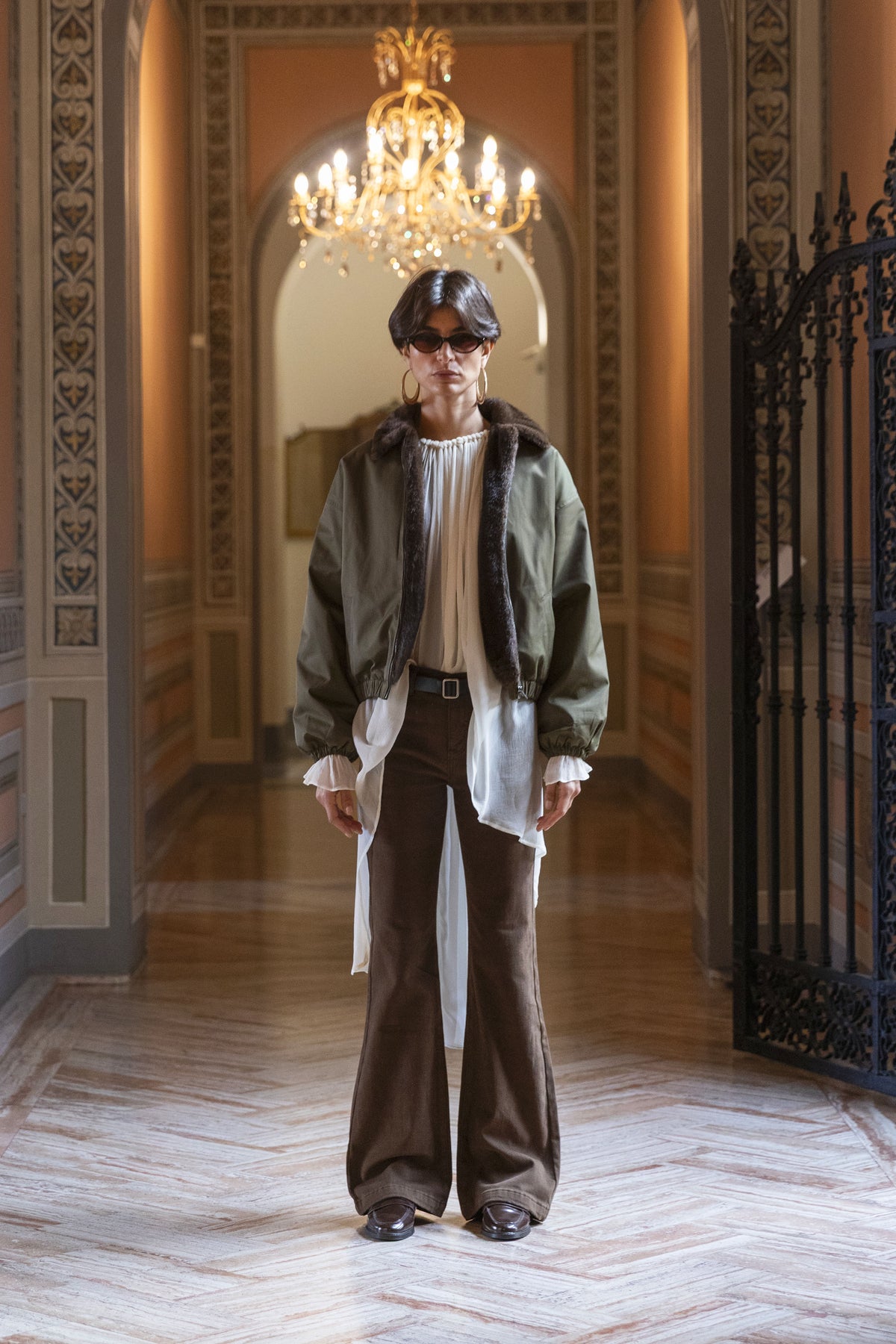 Eleh Military Style Bomber Jacket With Faux Fur Shawl Collar