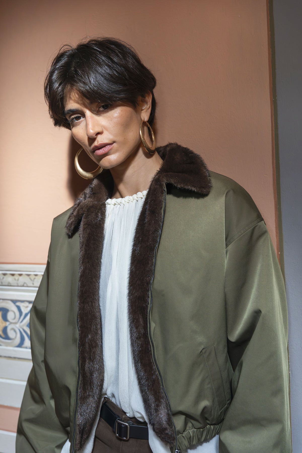 Eleh Military Style Bomber Jacket With Faux Fur Shawl Collar