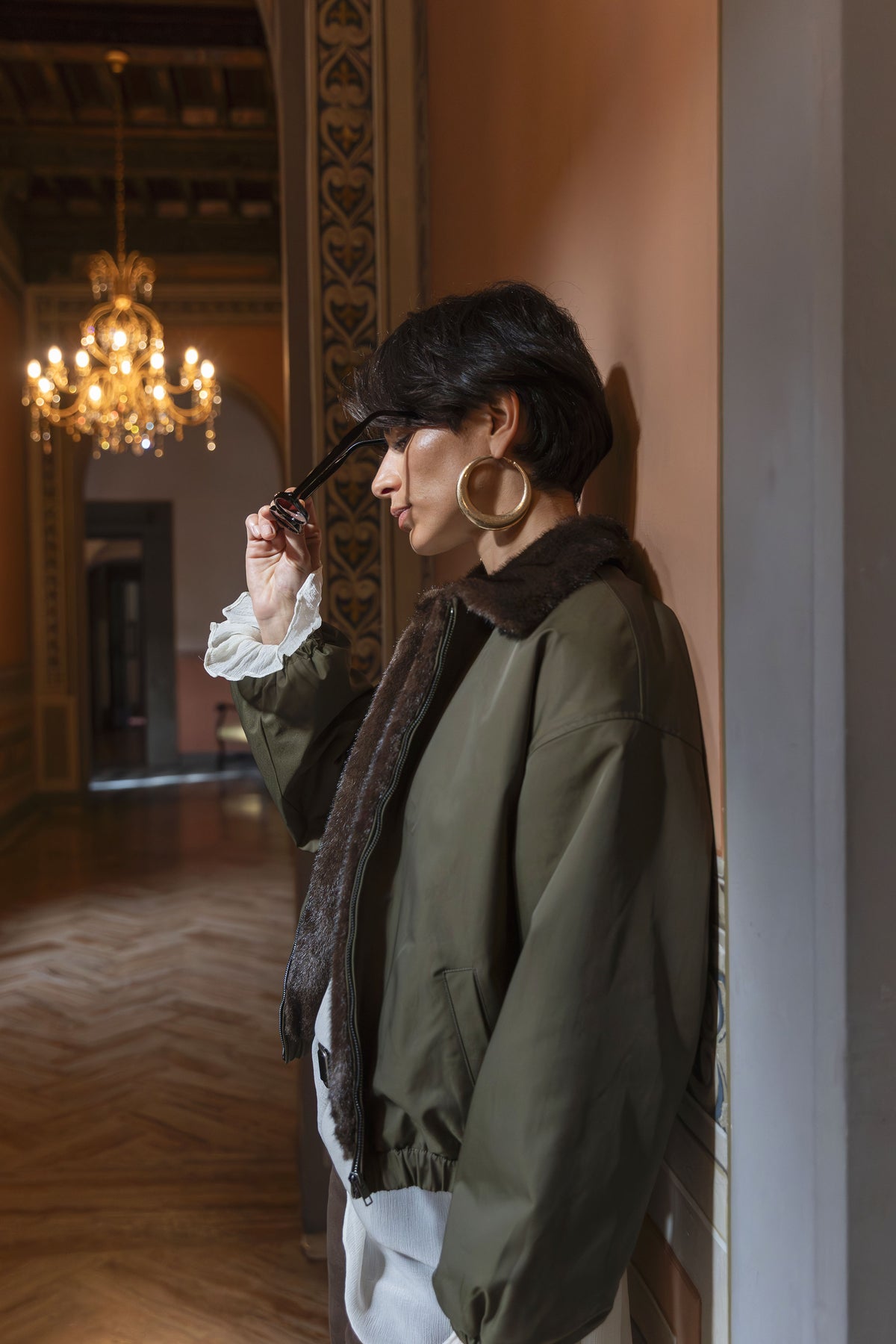 Eleh Military Style Bomber Jacket With Faux Fur Shawl Collar