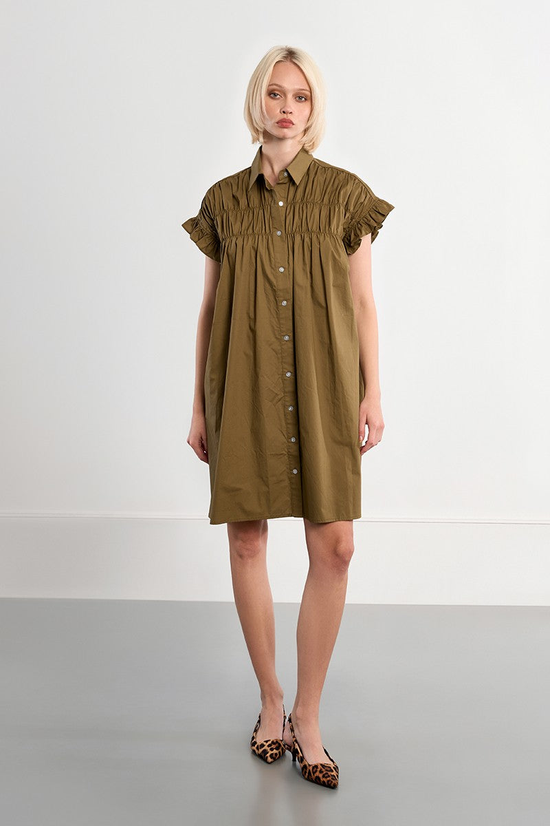 Lili Sidonio Khaki Smocked Cotton Shirt Dress