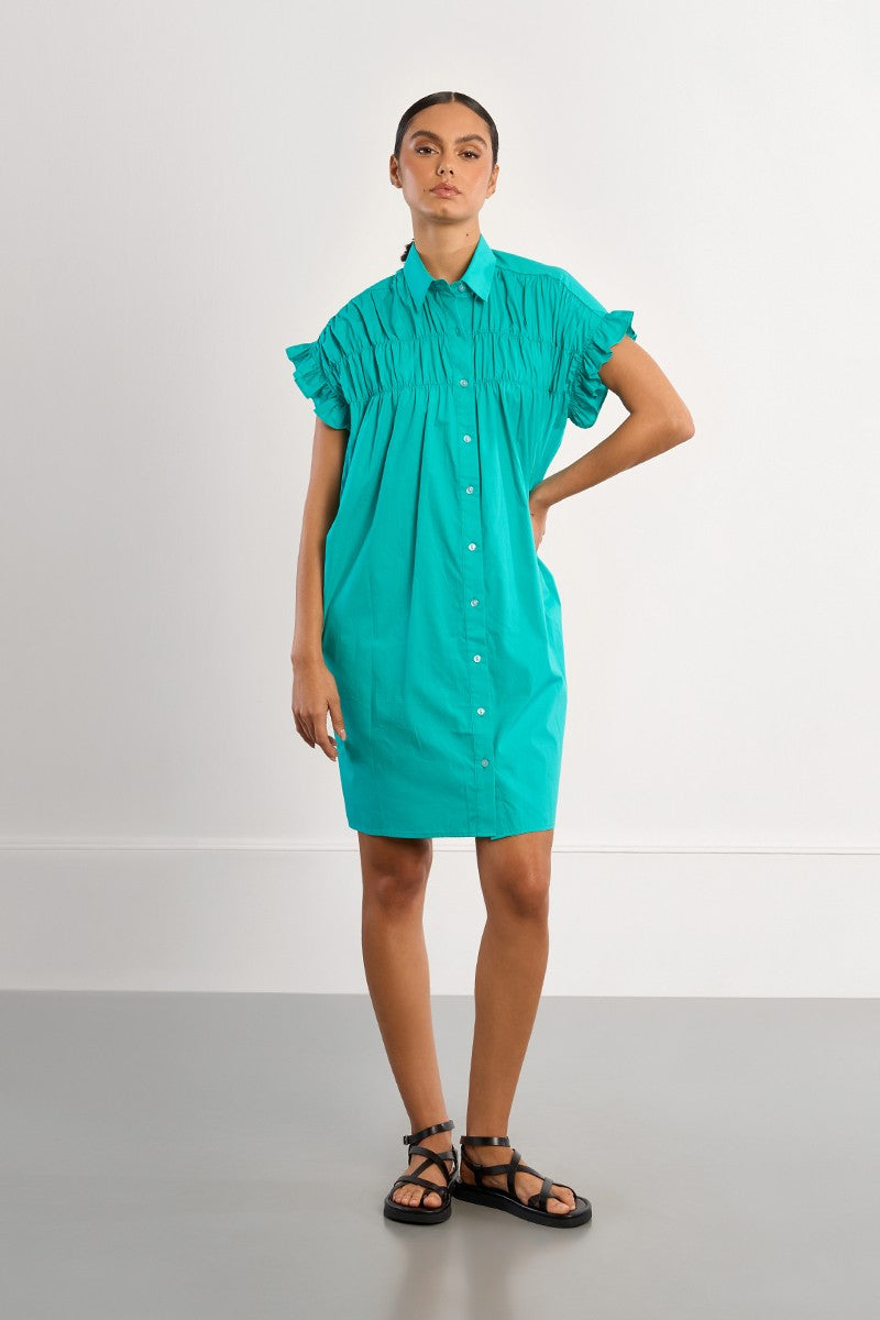 Lili Sidonio Mint Cotton Smocked Shirt Dress
